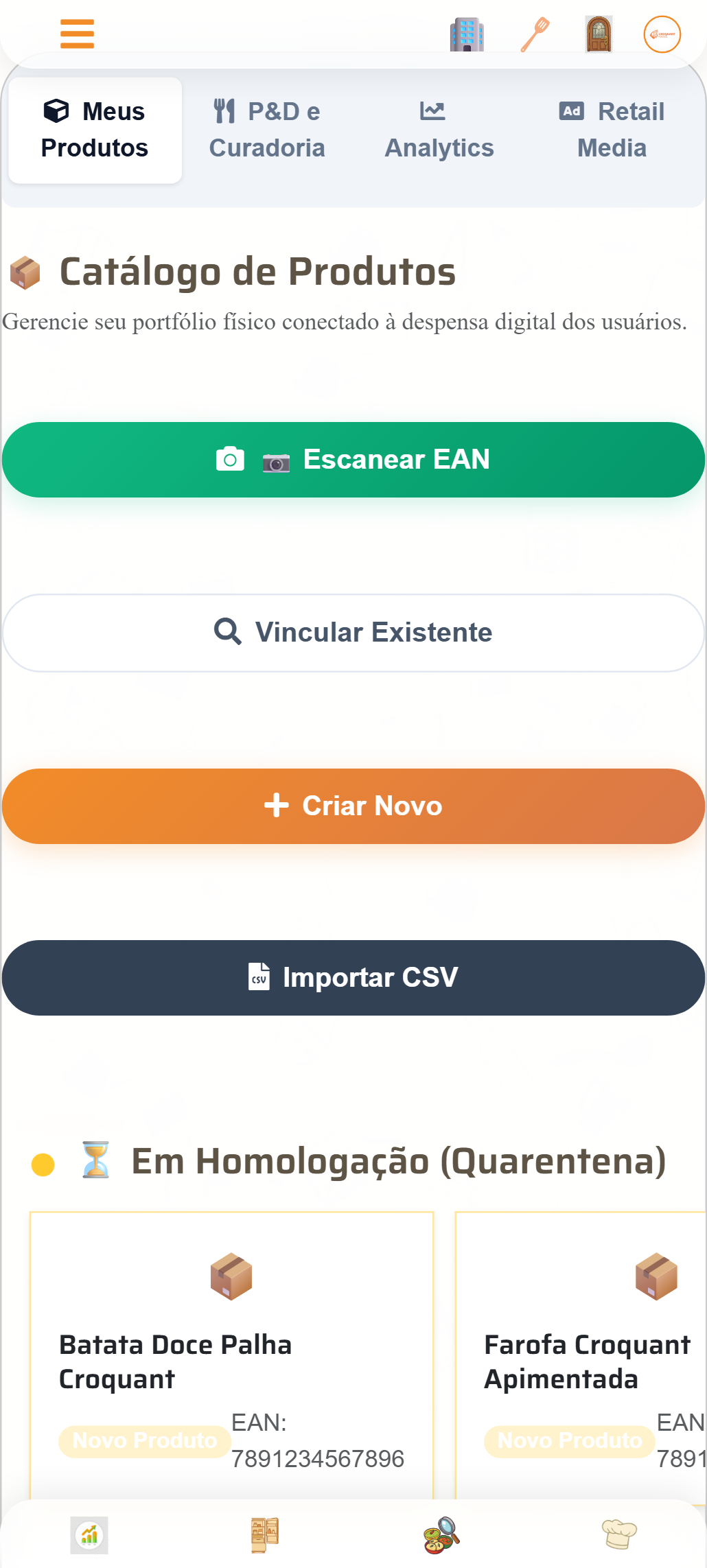 Painel Geral da Marca com Catálogo de Produtos e Analytics