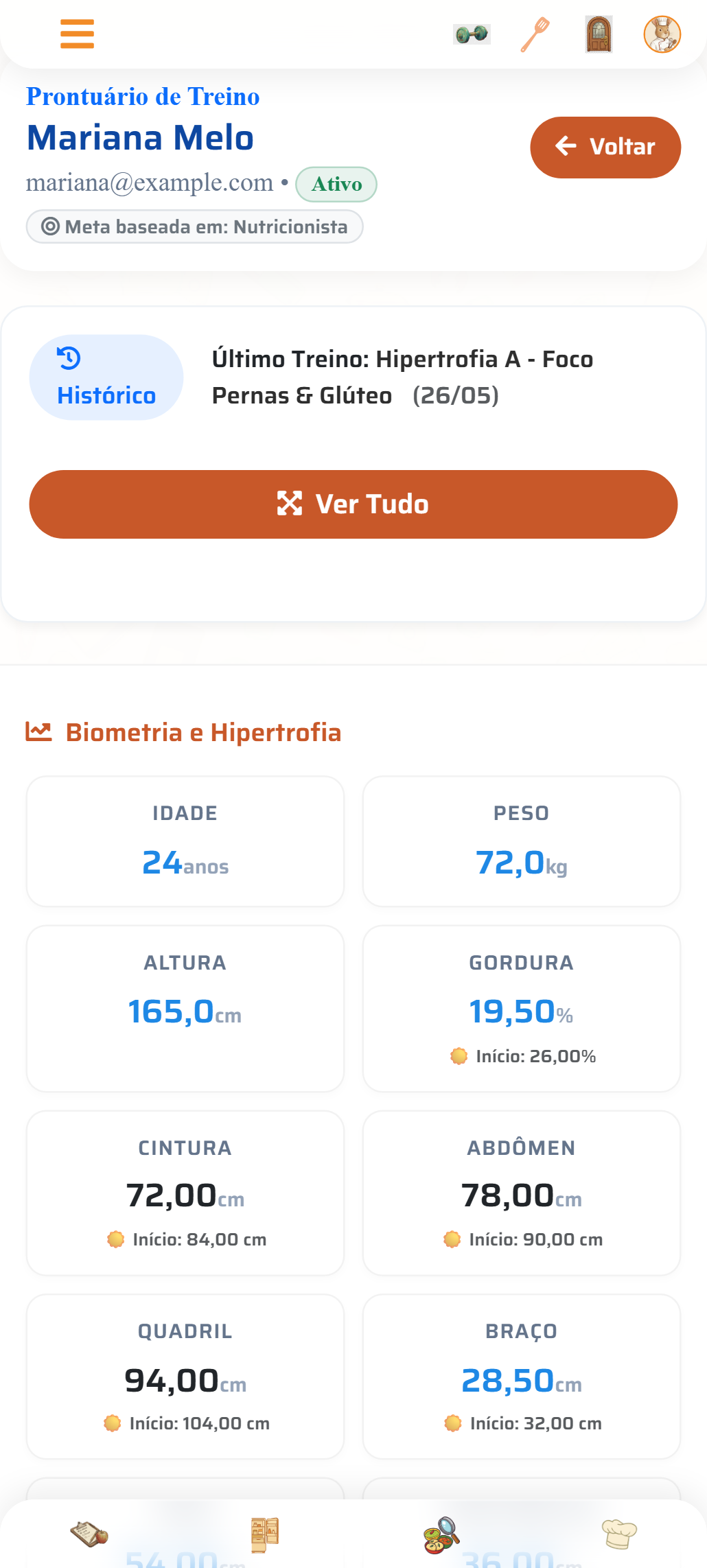 Gráficos de Evolução Biométrica e Histórico Físico