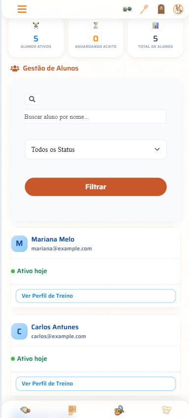 Painel do Treinador com Lista de Alunos e Engajamento